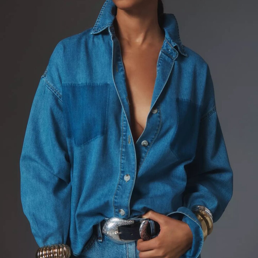 Anthropology Long-Sleeve Burnout Pocket Denim Shirt - Picture 2 of 9